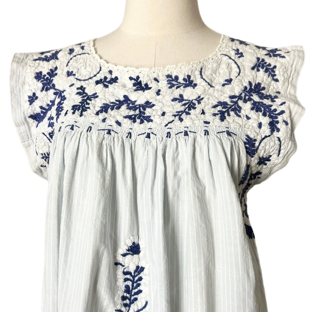 Mi Golondrina Hand Embroidered Tunic Dress Blue White Striped Size Large - Picture 2 of 10